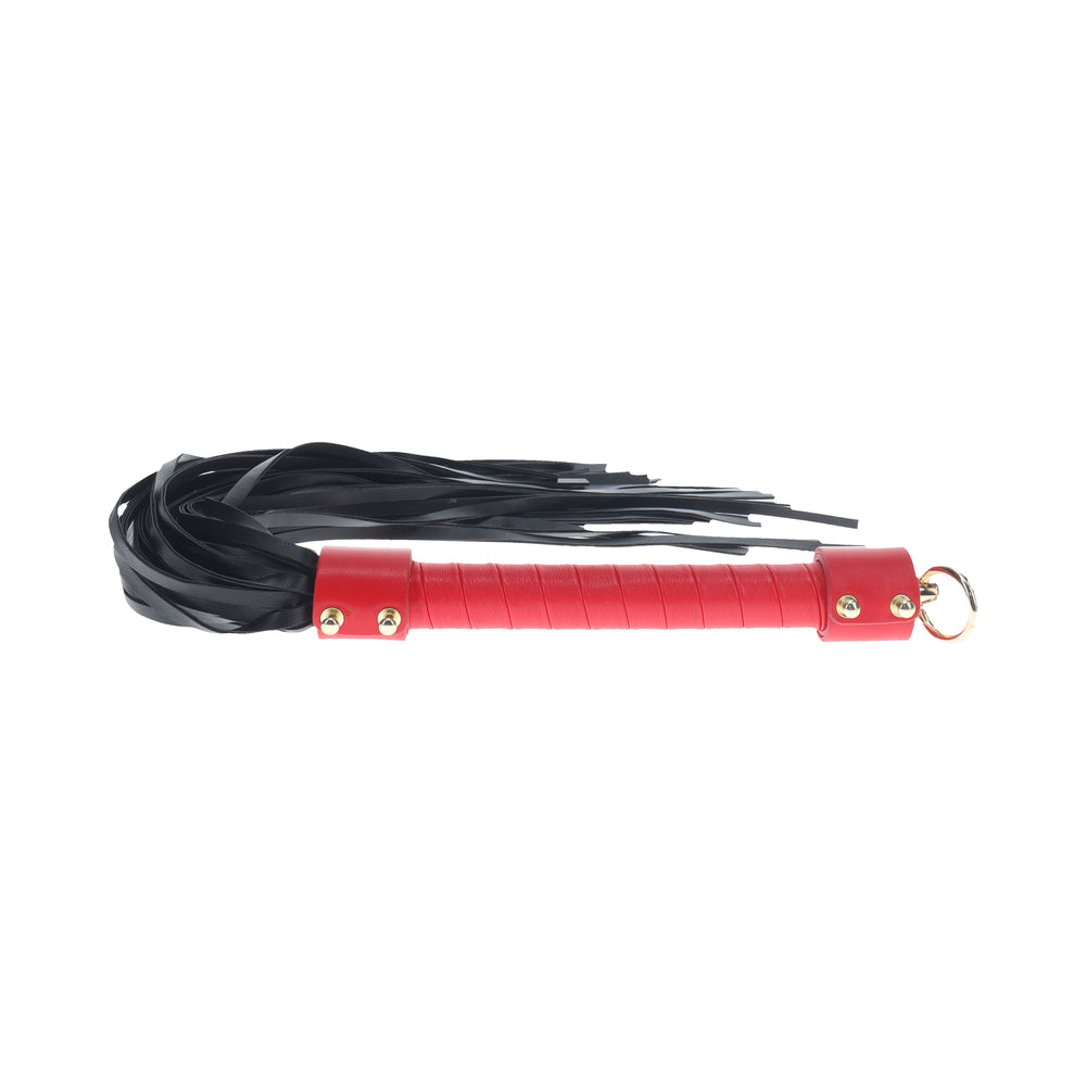 Ouch! International Milan Collection Flogger black bonded-leather flogger with wrapped red handle and metal ring