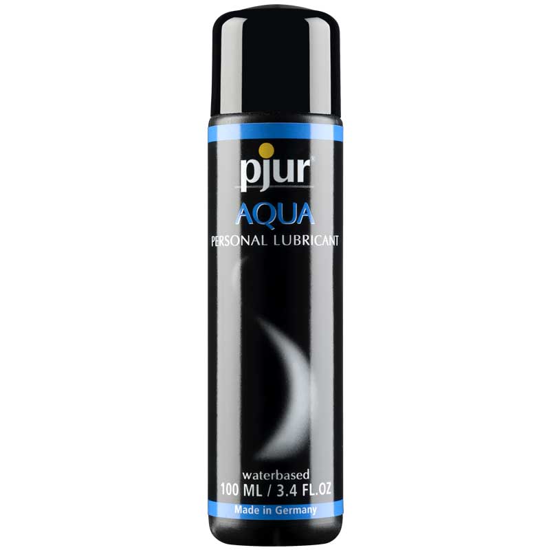 Pjur Aqua 3.4 oz water-based lubricant in tall black bottle