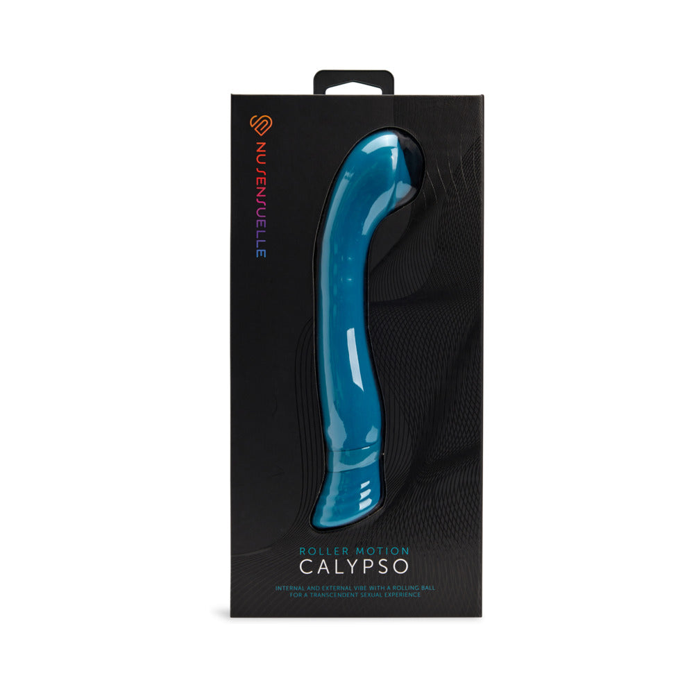 Nu Sensuelle Calypso Roller Motion G-Spot Deep Turquoise deep turquoise Nu Sensuelle Calypso curved vibrator displayed inside a black box