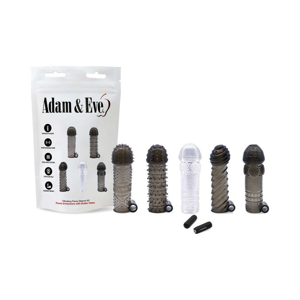 Adam & Eve Vibrating Penis Sleeve Kit (Bag) Adam & Eve five-sleeve vibrating texture kit five sleeves and bullet pictured on white bag