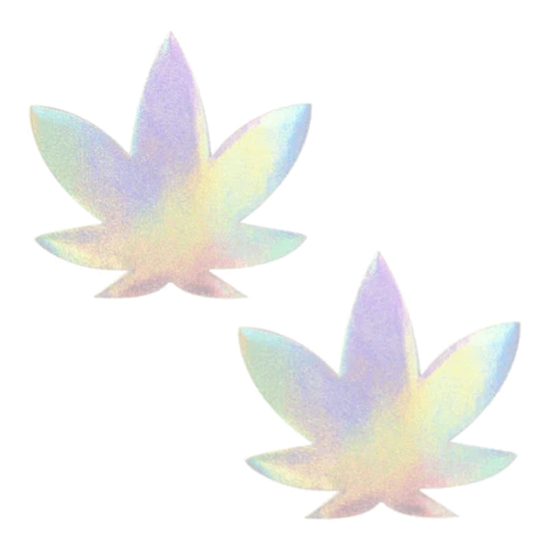Neva Nude Pasty Weed Leaf Holographic Pair of holographic Neva Nude weed leaf pasties with iridescent finish