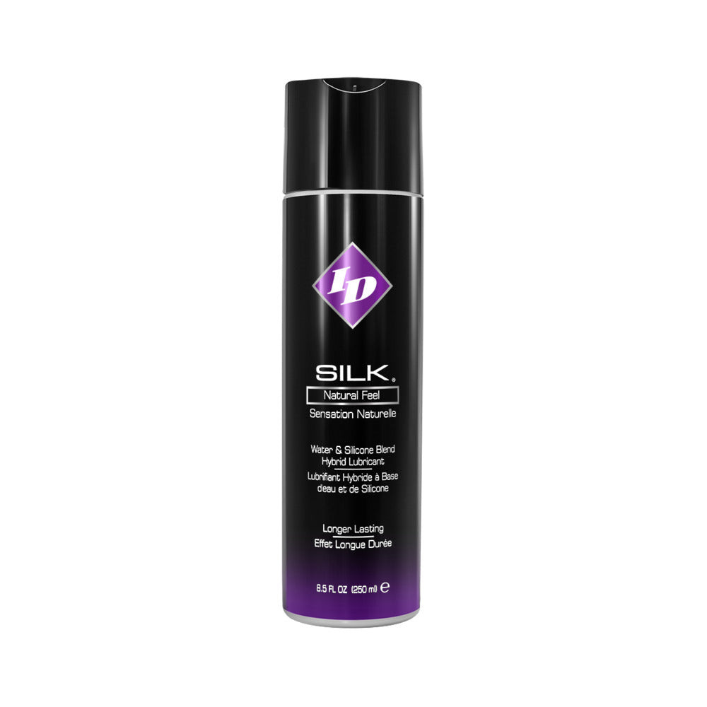 ID Silk Hybrid Lubricant 8.5 oz. ID Silk Hybrid Lubricant 8.5 oz wide black bottle with purple front label
