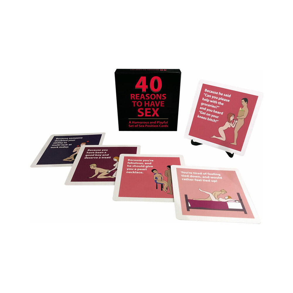 40 Reasons to Have Sex Cards black 40 Reasons to Have Sex card box with stand and illustrated pink red and purple cards