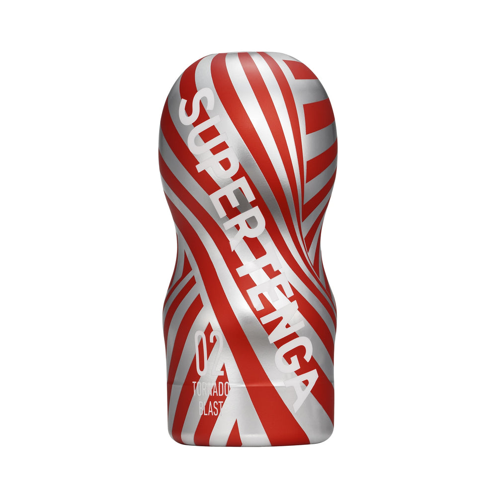 Super Tenga Tornado Blast TENGA Super Tornado Blast red and white stroker upright hourglass shell with white base cap