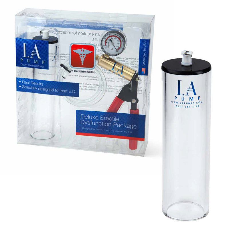 LA Pump Deluxe Erectile Dysfunction Package 1.75 x 9in, packaged LA Pump Deluxe 1.75 x 9 Inch Cylinder clear cylinder beside blue white transparent package