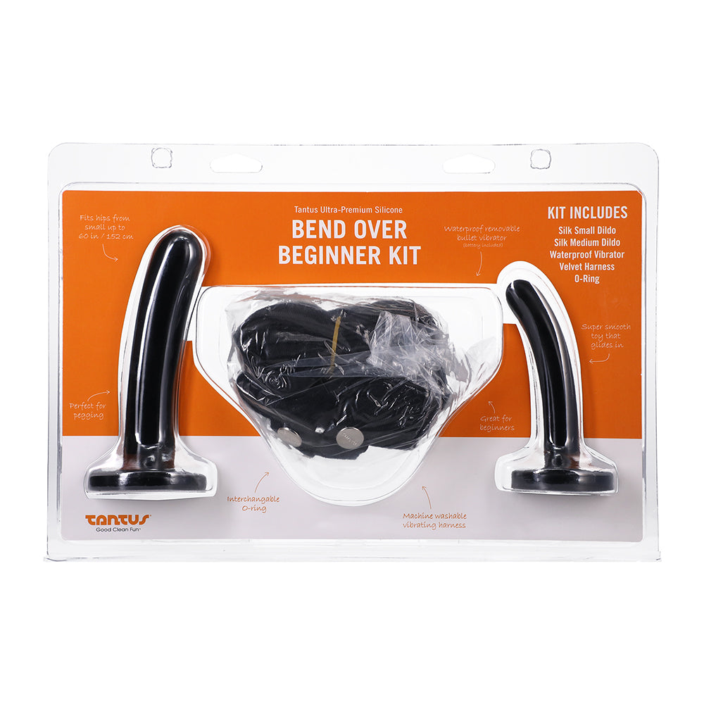 Tantus Bend Over Beginner Strap-On Harness Kit Onyx Front package of Onyx Bend Over Beginner strap-on harness kit