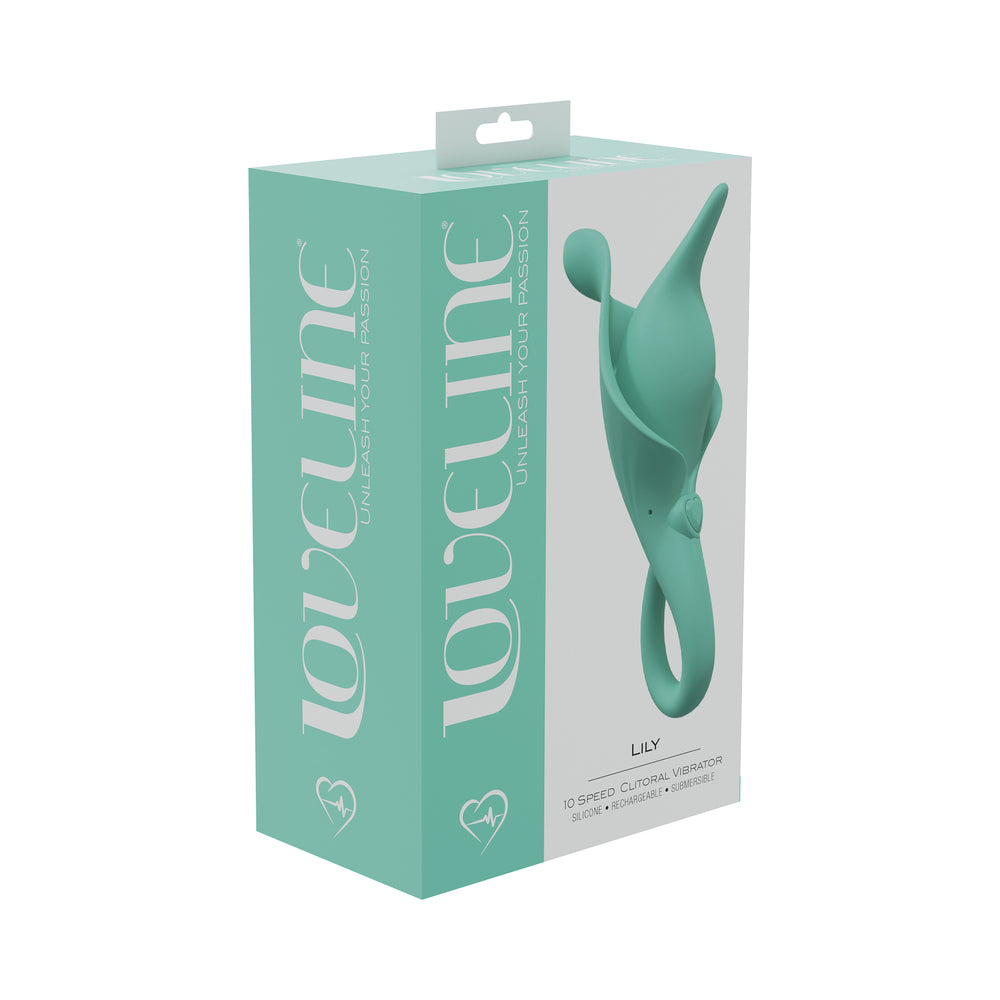 LoveLine Lily 10 Speed Clitoral Vibe Sealed Silicone Rechargeable Submersible Green green LoveLine Lily curved twin-arm vibrator pictured on aqua box