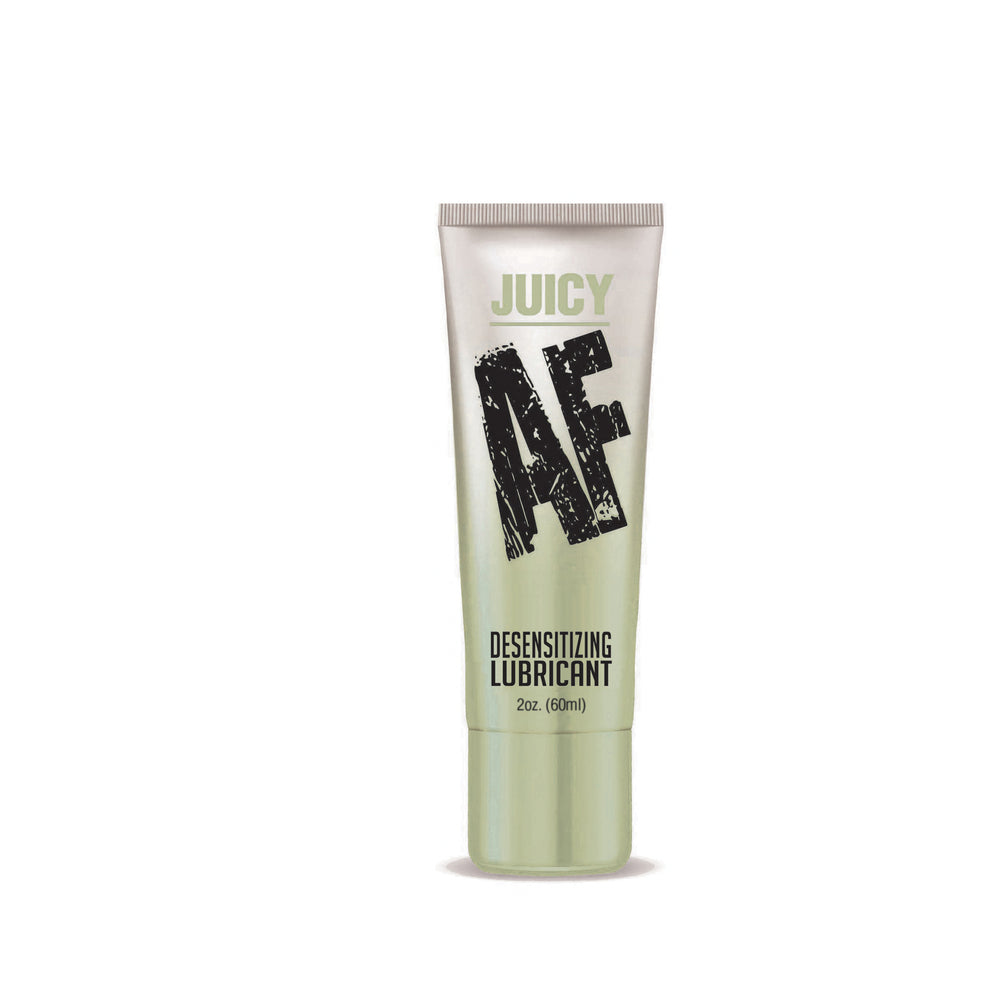 Juicy AF Desensitizing Gel Lubricant 2 oz. Juicy AF 2 oz gel lubricant in slim silver tube
