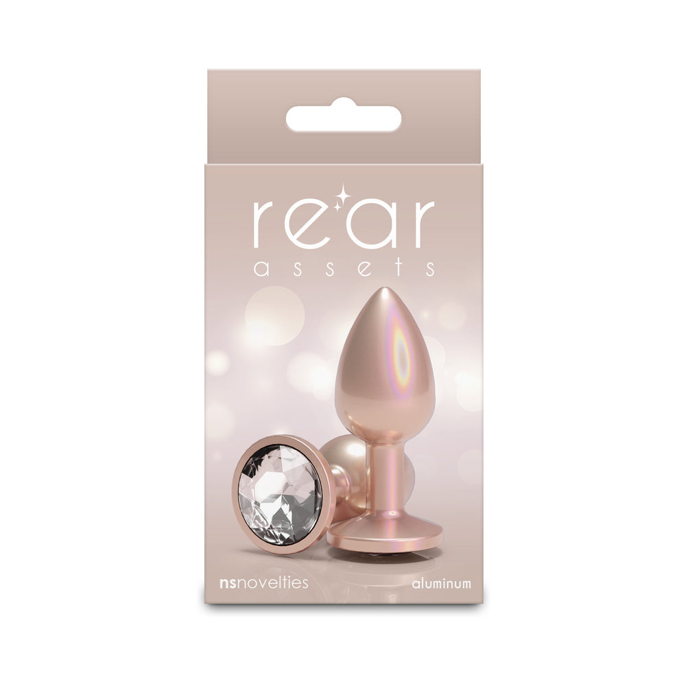 Rear Assets Plug Iridescent Champagne/Clear Small Small champagne Rear Assets aluminum plug with clear jewel base on box