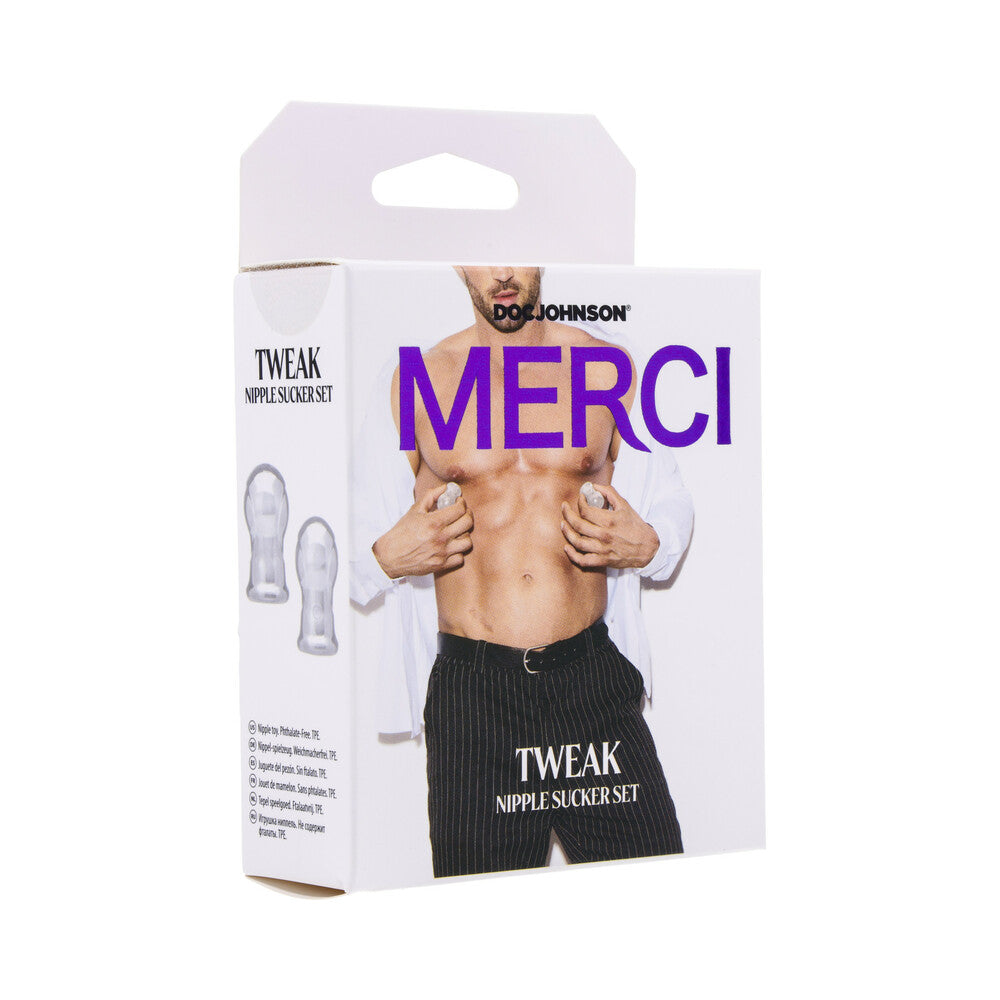 Merci Tweak Nipple Sucker Set Clear Merci Tweak clear nipple sucker pair pictured on white retail box