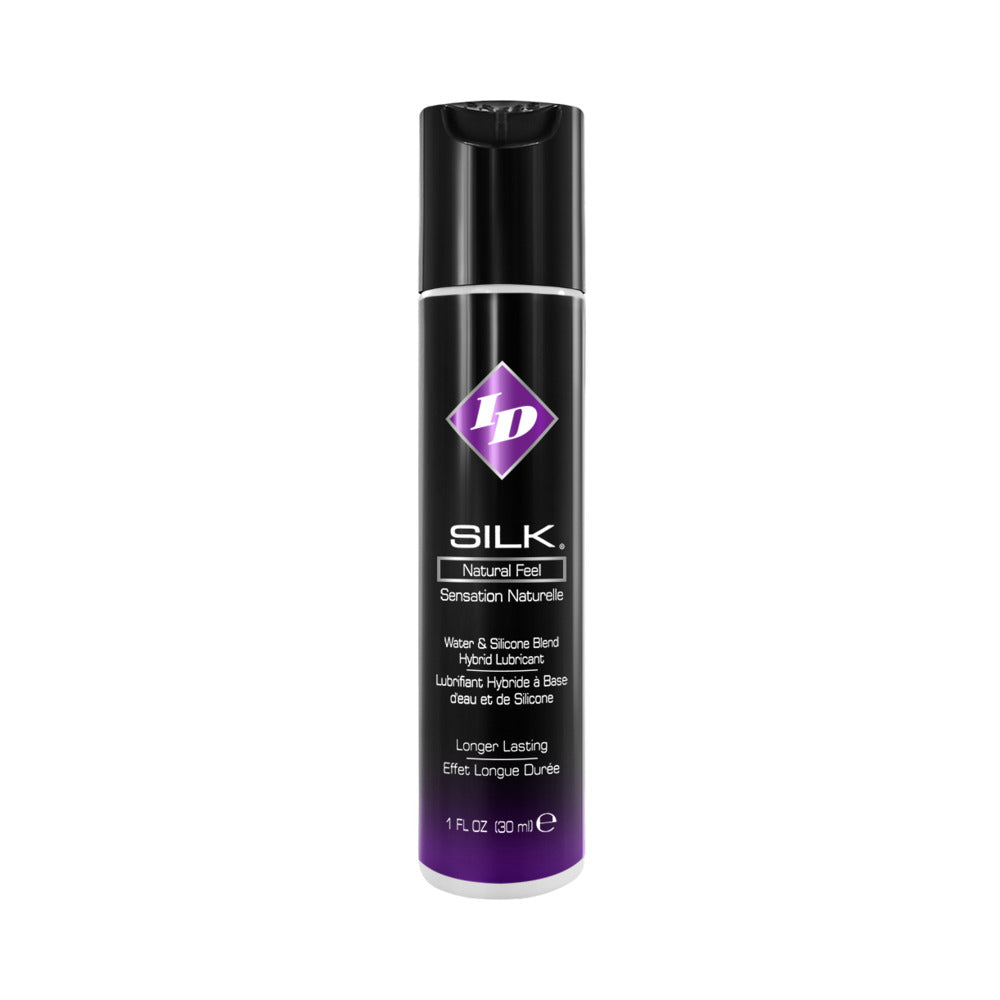 ID Silk Hybrid Lubricant 1 oz. ID Silk Hybrid Lubricant 1 oz slim black bottle with purple label front