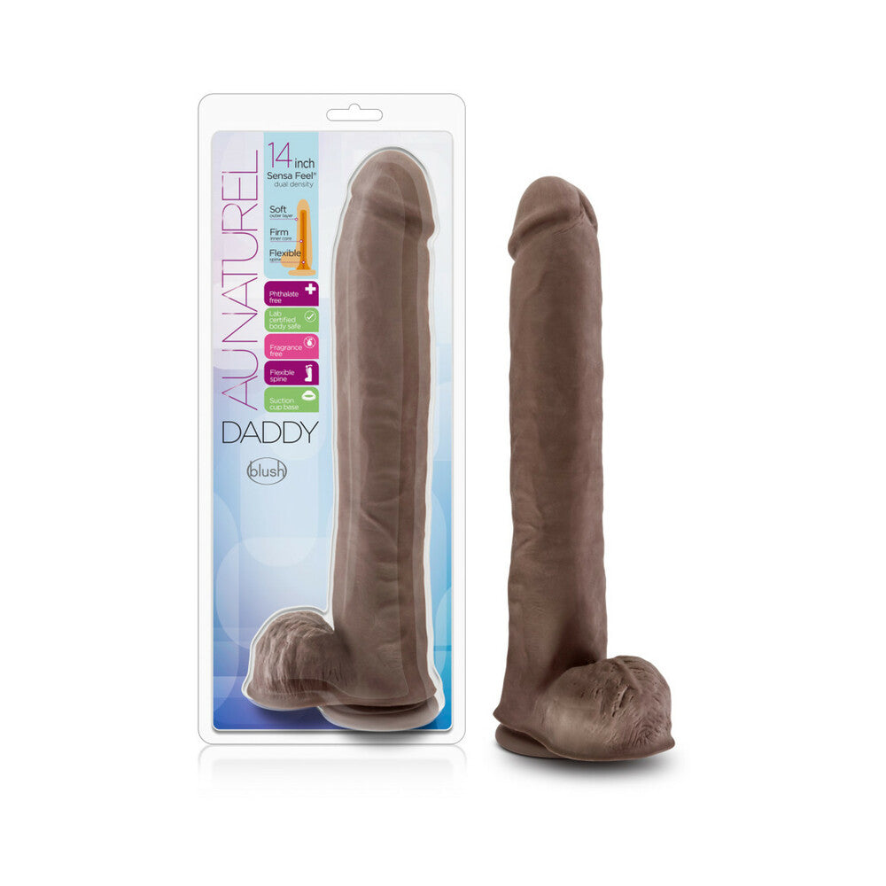 Au Naturel Daddy 14 in. Posable Dual Density Dildo with Balls Brown Blush Au Naturel Daddy dark-brown dildo beside clear 14-inch retail package