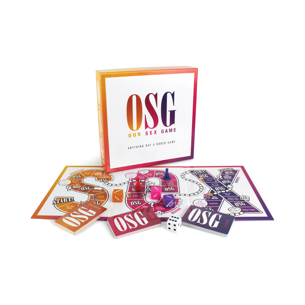 Our Sex Game Our Sex Game open box with multicolor board cards dice and pieces