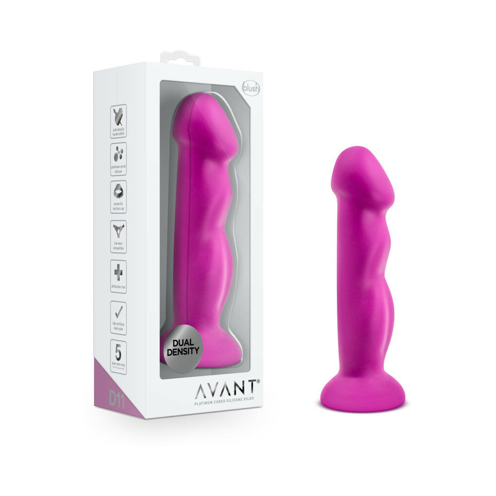Avant D11 Suko 8 in. Dual Density Silicone Dildo Violet Hot pink Avant D11 Suko dildo beside clear retail box
