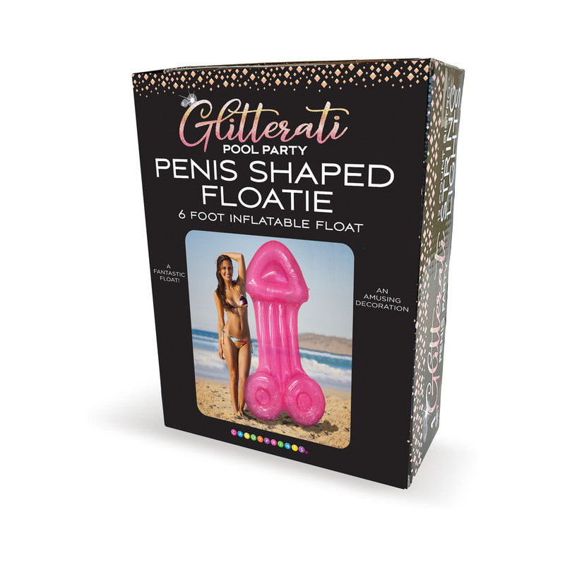 Glitterati Pool Party Penis-Shaped Floatie 6 '' black Glitterati box with window showing pink penis-shaped inflatable pool float