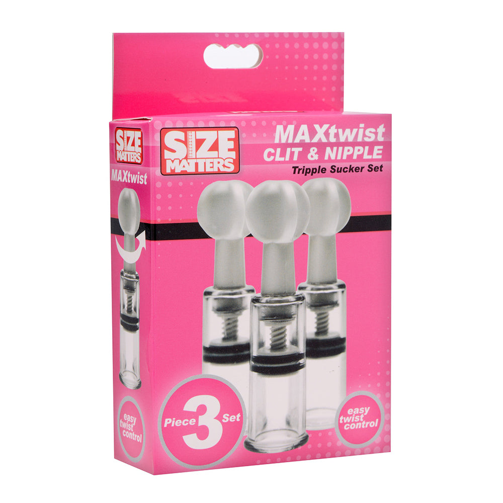 Size Matters Twisted Triplets Nipple and Clit Suckers three clear Size Matters MAXtwist clit and nipple suckers on pink retail box