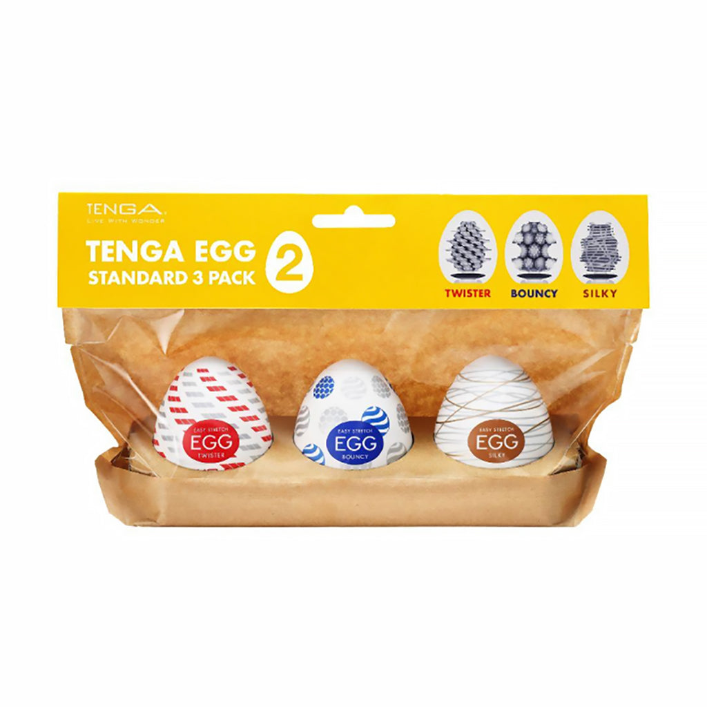 Tenga Egg Standard 3-Pack II TENGA Egg Standard 3-Pack II pouch showing Twister, Bouncy and Silky designs