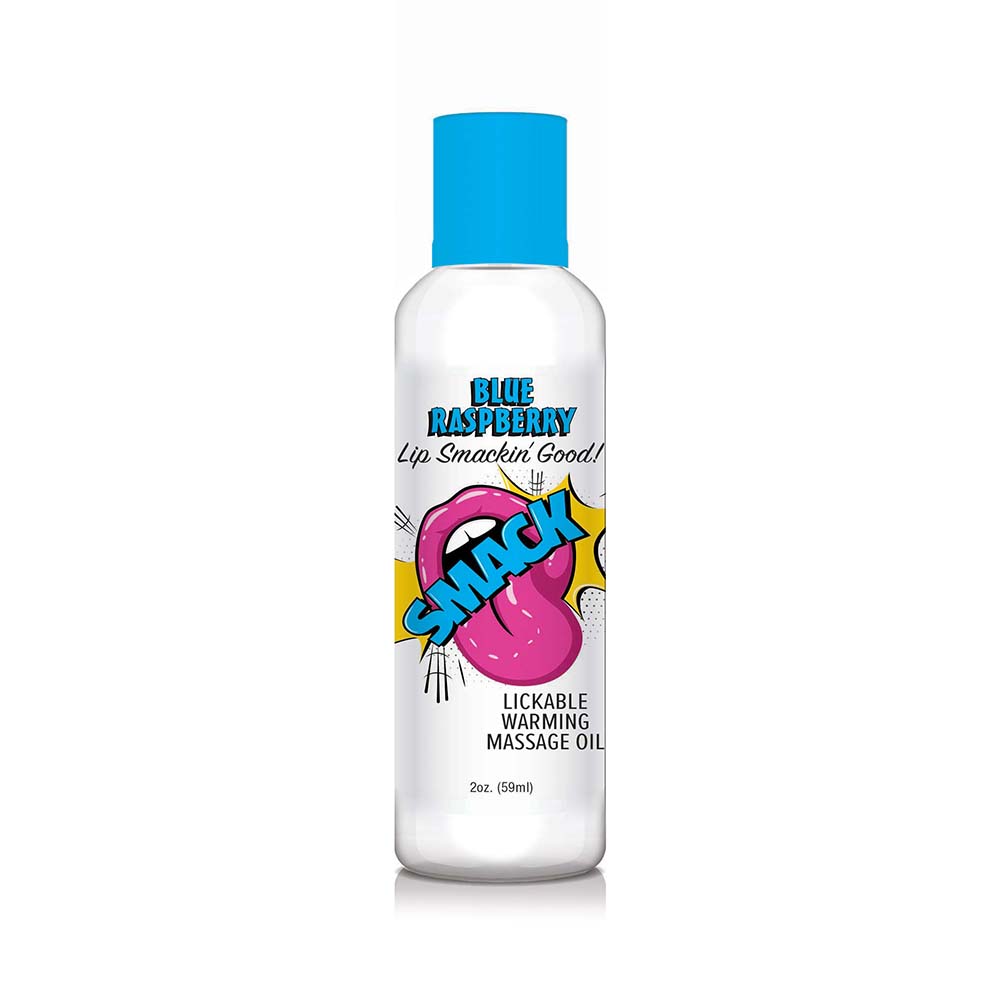 Smack Lickable Massage Oil Blue Raspberry 2 oz. Smack Blue Raspberry massage oil in clear bottle with blue cap