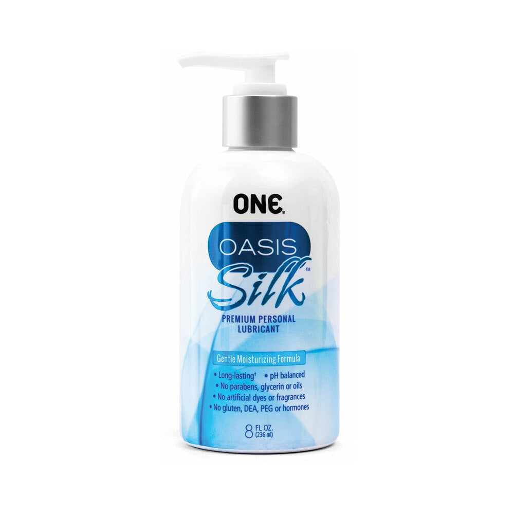 white and blue ONE Oasis Silk hybrid lubricant 8 fl oz pump bottle