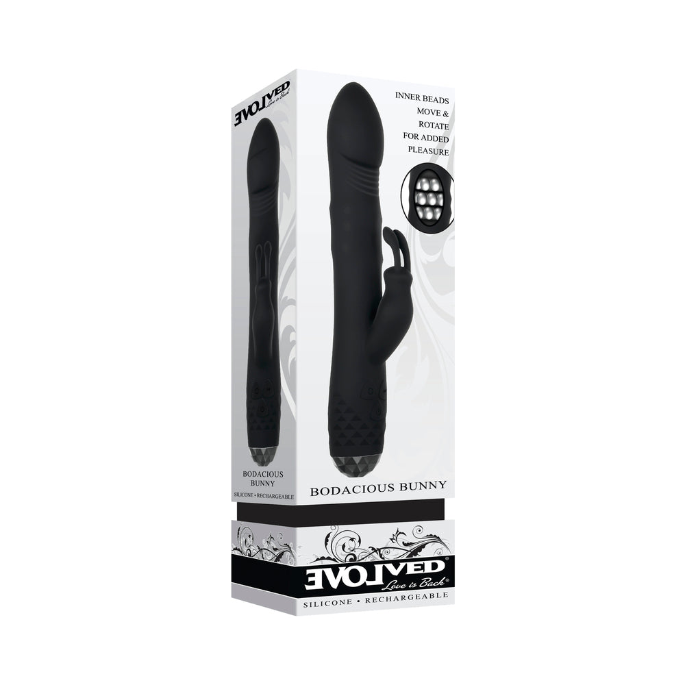 Evolved Bodacious Bunny Rechargeable Silicone Rabbit Vibrator Black Evolved Bodacious Bunny black vibrator retail box