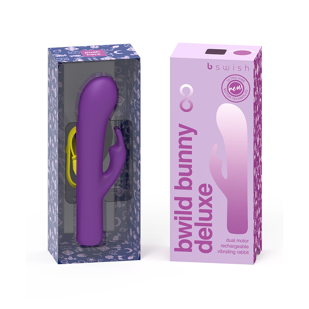 B Swish Bwild Bunny Infinite Deluxe Purple Purple B Swish Bwild Bunny vibrator displayed inside two retail boxes