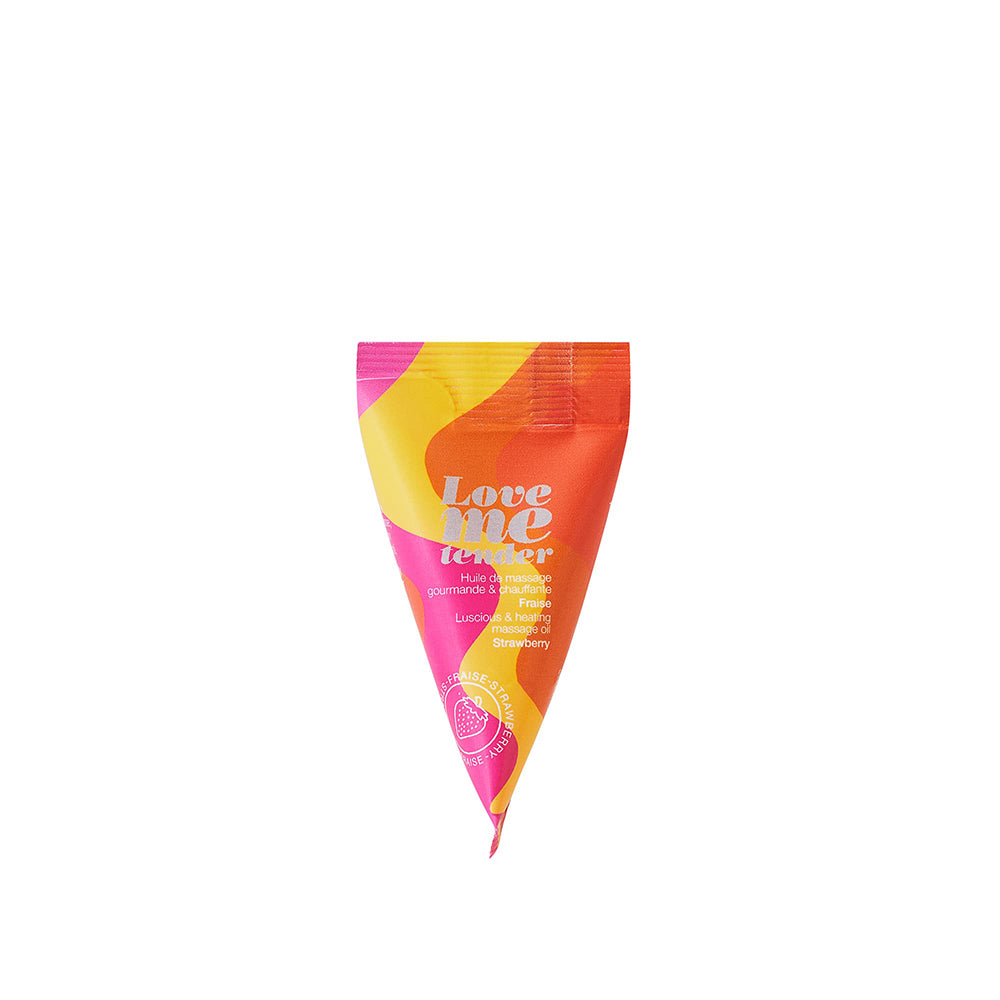 Love to Love Love Me Tender Luscious & Heating Massage Oil Strawberry 12/Bag 0.33 oz. Love to Love Strawberry massage oil sachet front view on white background