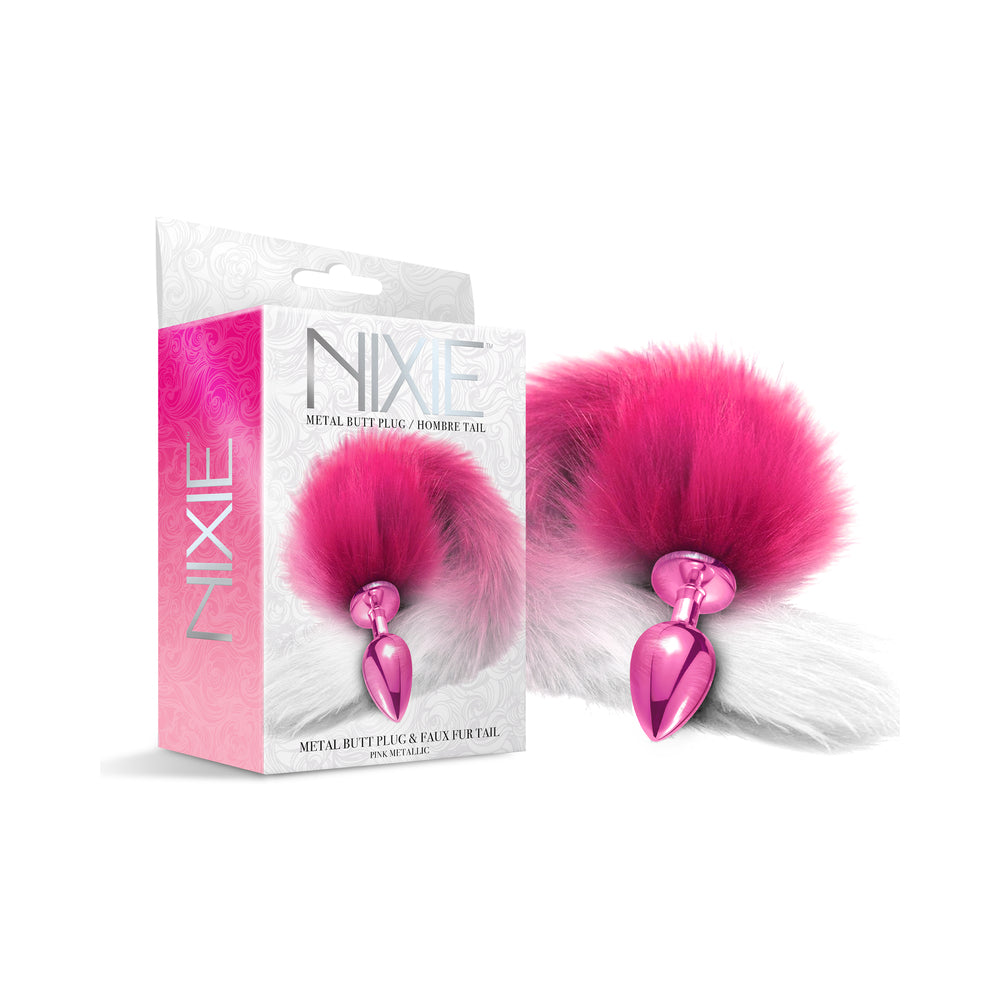 Nixie Metal Butt Plug With Ombre Tail Pink Metallic Nixie pink ombre tail plug beside pink retail box
