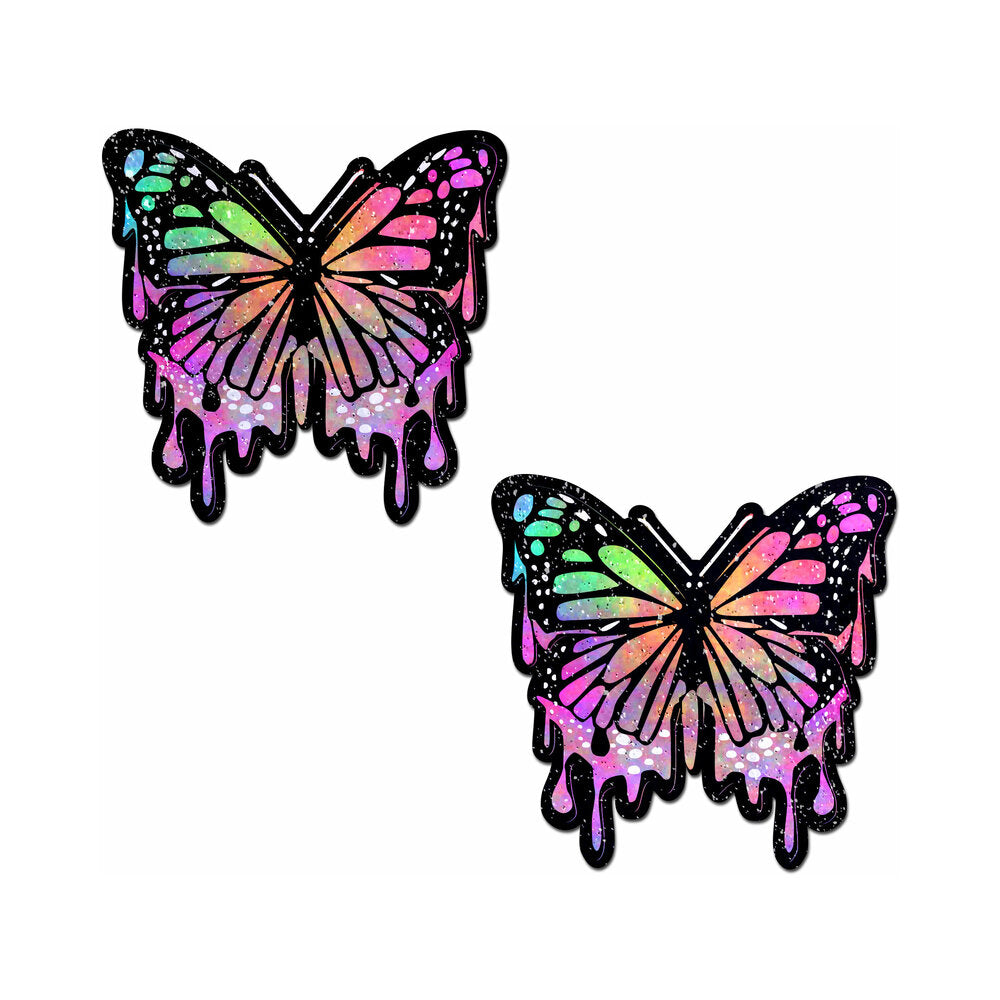 Pastease Butterfly Melt Trippy Glitter Rainbow Nipple Pasties pair of rainbow glitter butterfly nipple pasties with black outlines and dripping edges