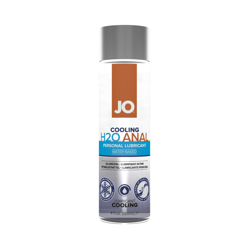 JO H2O Anal Cooling Water-Based Lubricant 4 oz. Front of 4 oz System JO H2O Anal Cooling bottle with orange label band