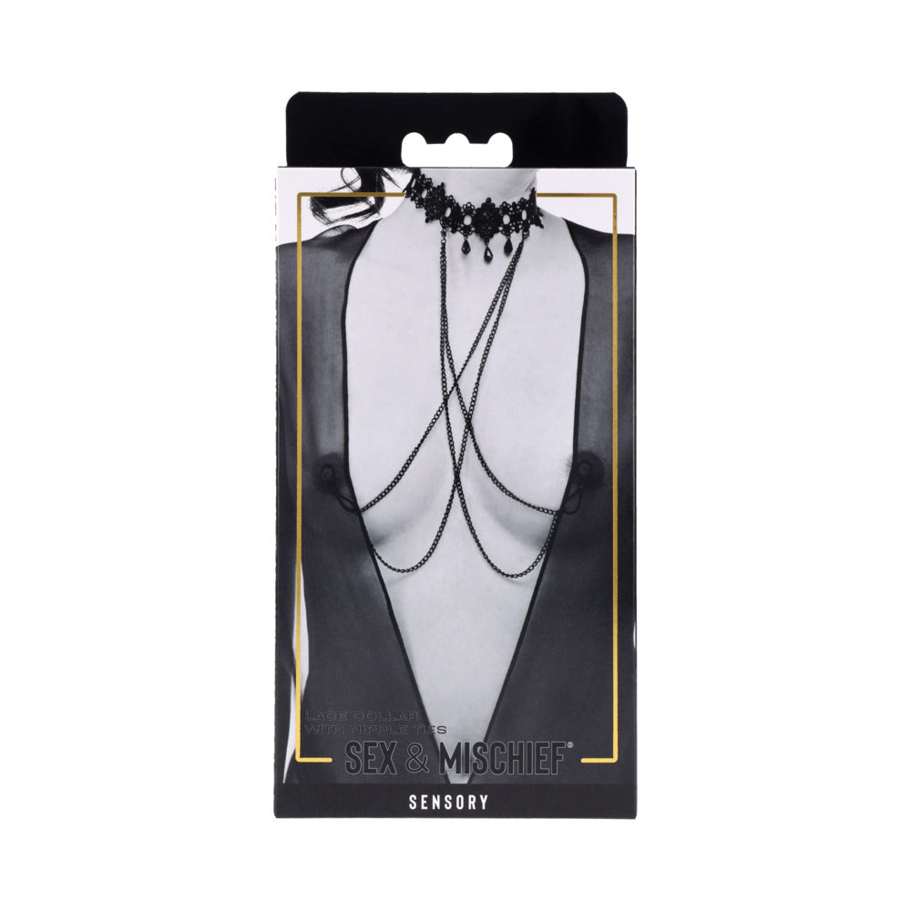 Sportsheets Sex & Mischief Lace Collar with Nipple Ties Sportsheets black ornate lace collar with dangling stones and chain ties in package