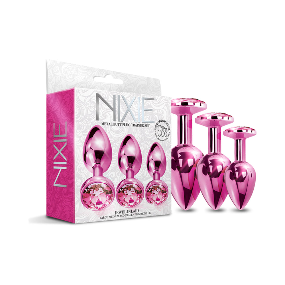 Nixie Metal Butt Plug Trainer Set 3-Piece Pink Metallic Nixie pink metallic three-piece plug set beside retail box