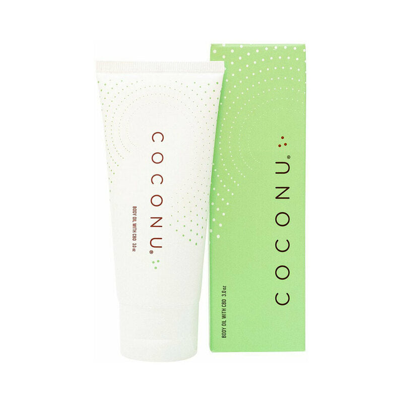 Coconu Hemp Infused Body Oil 3 oz. white Coconu hemp-infused body oil tube beside a bright green retail carton