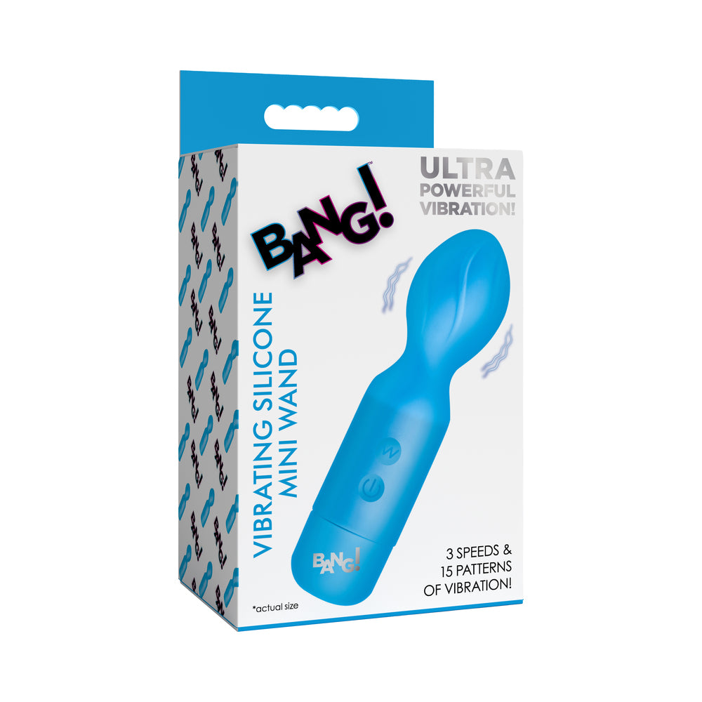 BANG! Vibrating Silicone Mini Wand Blue BANG blue silicone mini wand in blue-and-white retail packaging