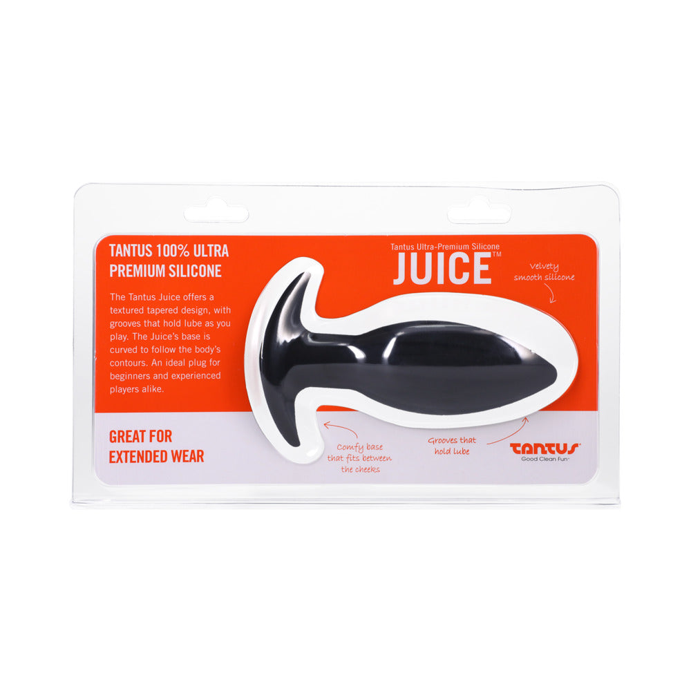 Tantus Juice Anal Plug Onyx Tantus Juice Onyx plug displayed in clear and orange retail pack