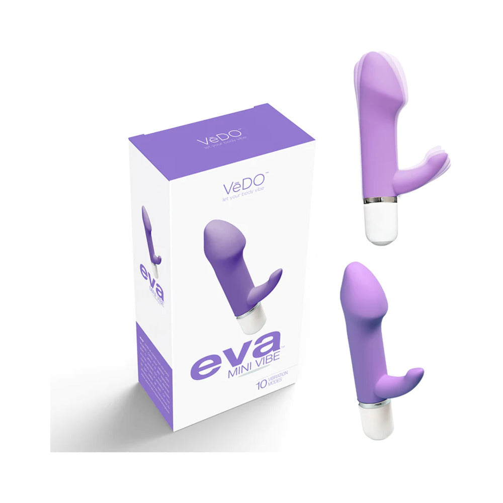 VeDO Eva Mini Vibe Orgasmic Orchid VeDO Eva Orgasmic Orchid rabbit vibrator beside purple retail box