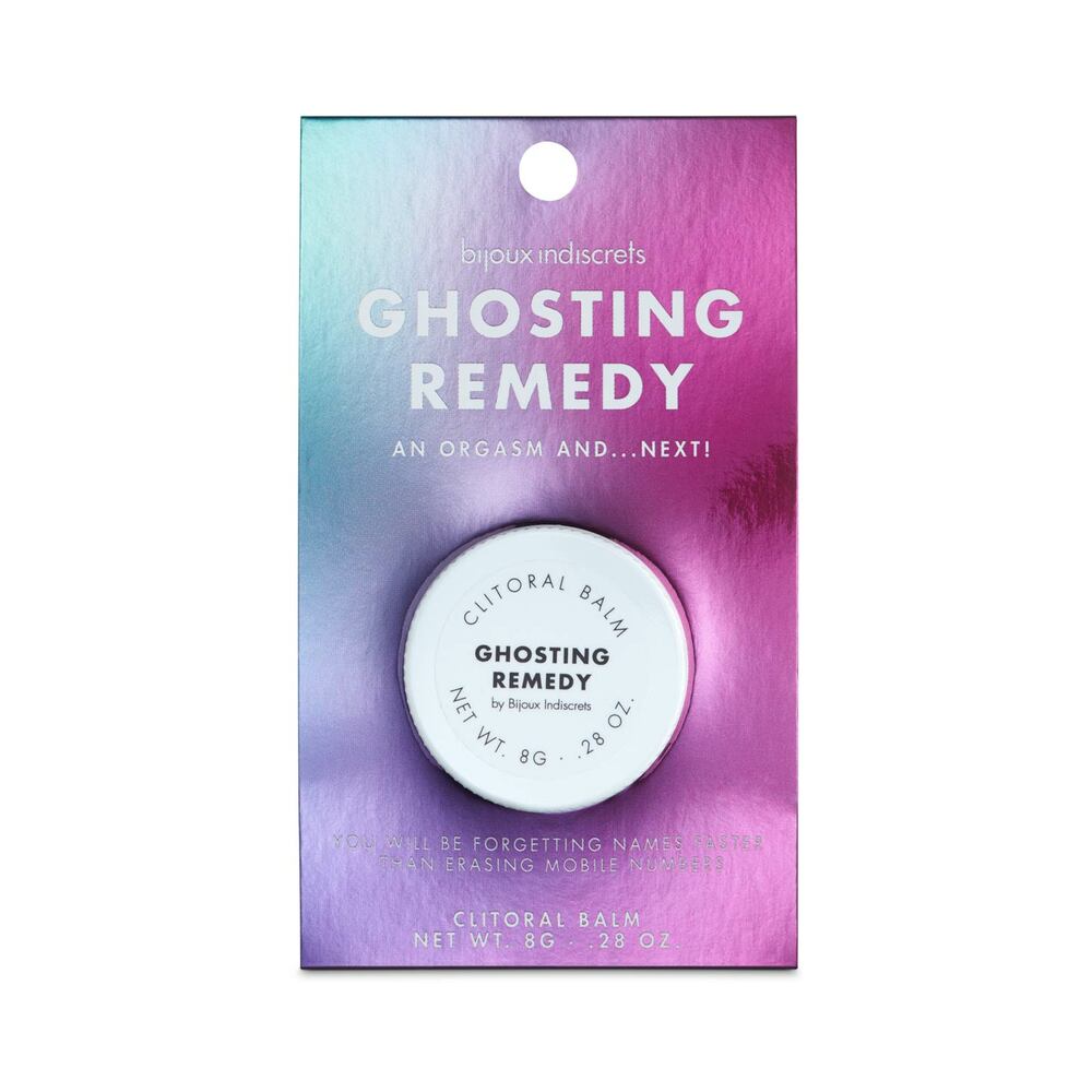 Bijoux Indiscrets Clitherapy Ghosting Remedy Clitoral Balm 0.28 oz. Ghosting Remedy clitoral balm jar mounted on a pale pink and blue retail card