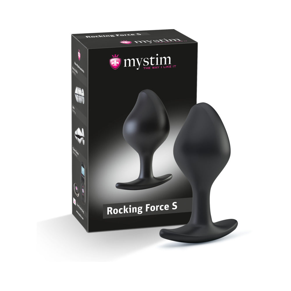 Mystim Rocking Force Anal Plug Small small black Mystim Rocking Force plug with tapered body and wide curved base beside box
