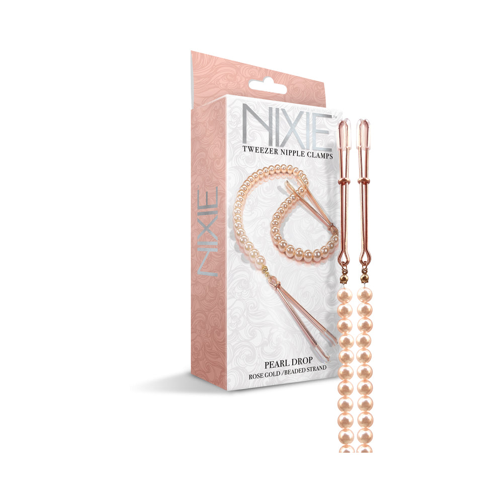 Nixie Pearl Drop Beaded Tweezer Nipple Clamps Rose Gold Nixie rose-gold Pearl Drop clamps displayed with retail box