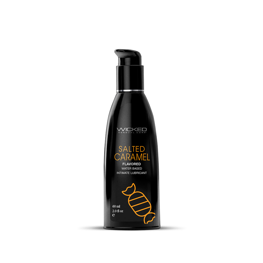 Wicked Aqua Salted Caramel Water-Based Lubricant 2 oz. Wicked Aqua Salted Caramel Lubricant black pump bottle front with orange candy graphic