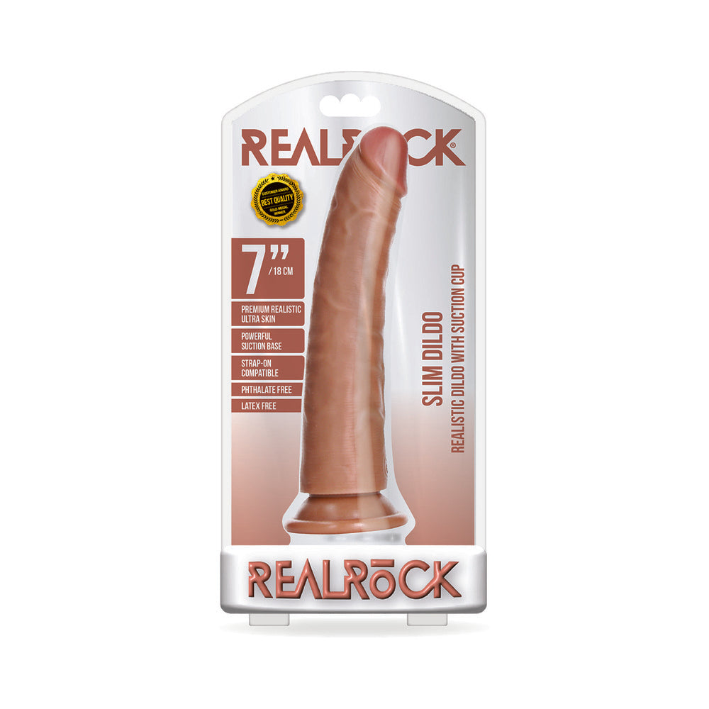 RealRock Realistic 7 in. Slim Dildo With Suction Cup Tan Tan RealRock 7-inch Slim Dildo retail package