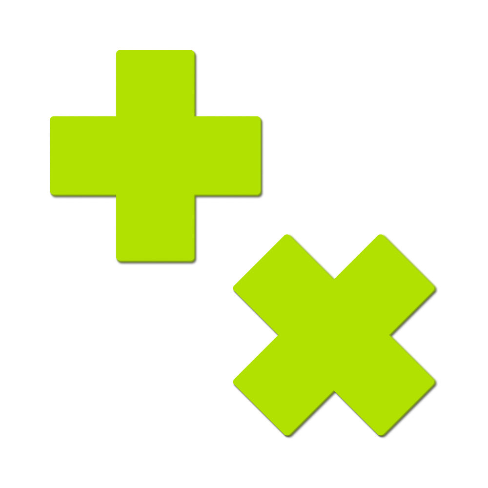 Pastease Plus X: Glow-in-the-Dark Neon Yellow Cross Pasties Nipple Covers Pastease neon-yellow plus and X glow-in-the-dark vinyl pasties