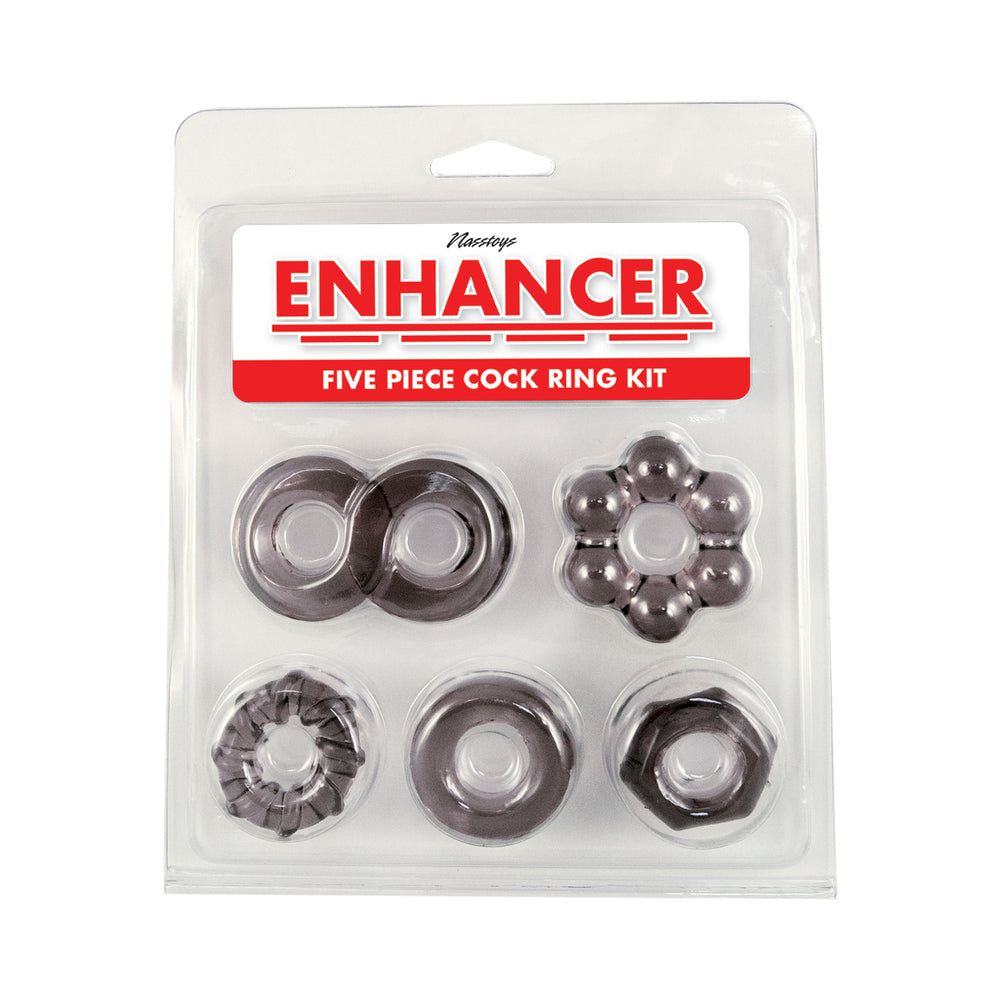 Enhancer Five Piece Cock Ring Set Black Nasstoys Enhancer five-piece black cock ring set in clear package