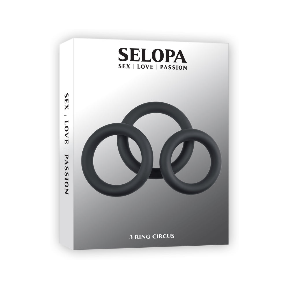 Selopa 3 Ring Circus Cock Ring Set Silicone Black Selopa 3 Ring Circus retail box with three black rings pictured