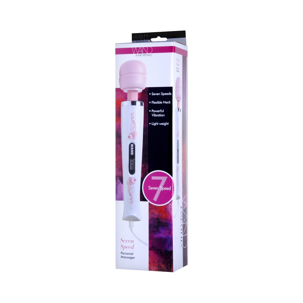 Wand Essentials 7 Speed Silicone Wand Massager Pink/White Pink and white XR Brands Wand Essentials 7-speed massager in tall retail box