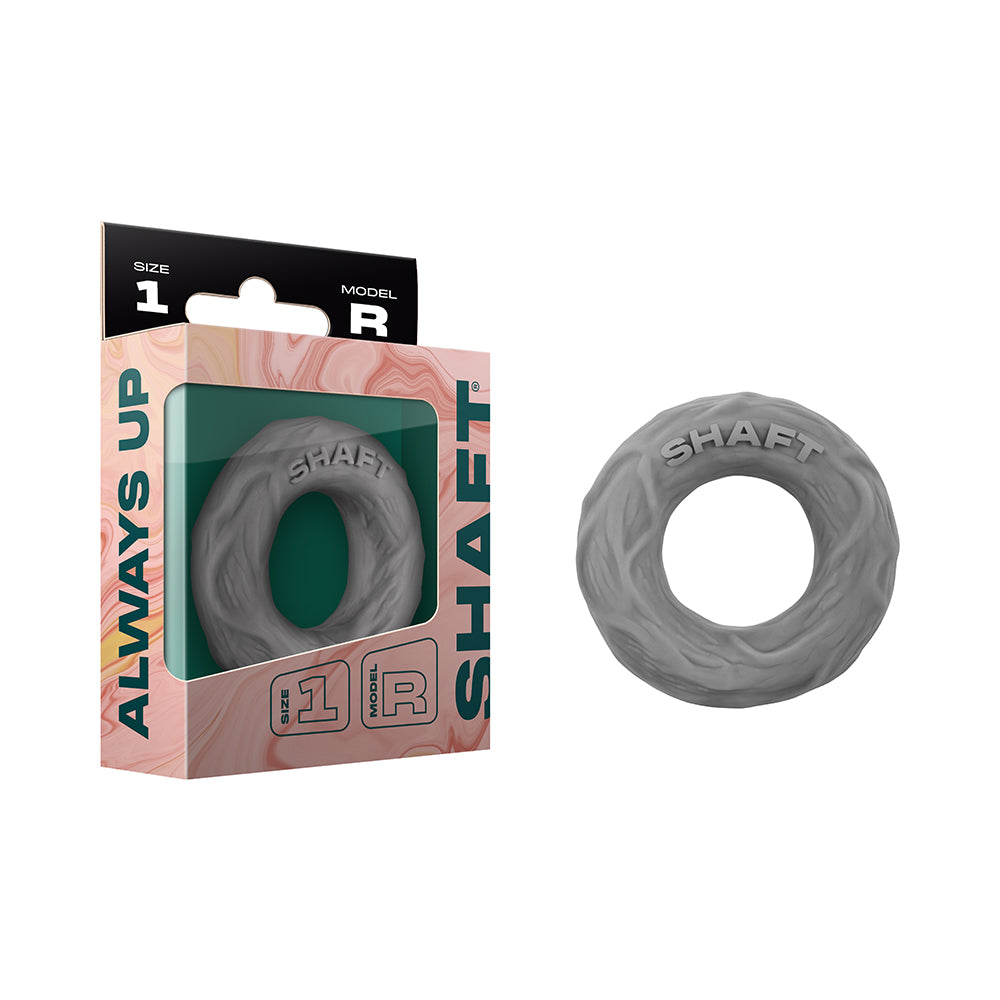 Shaft Model R: C-Ring Grey Size 1 gray marbled Shaft Model R Size 1 single C-ring beside retail box