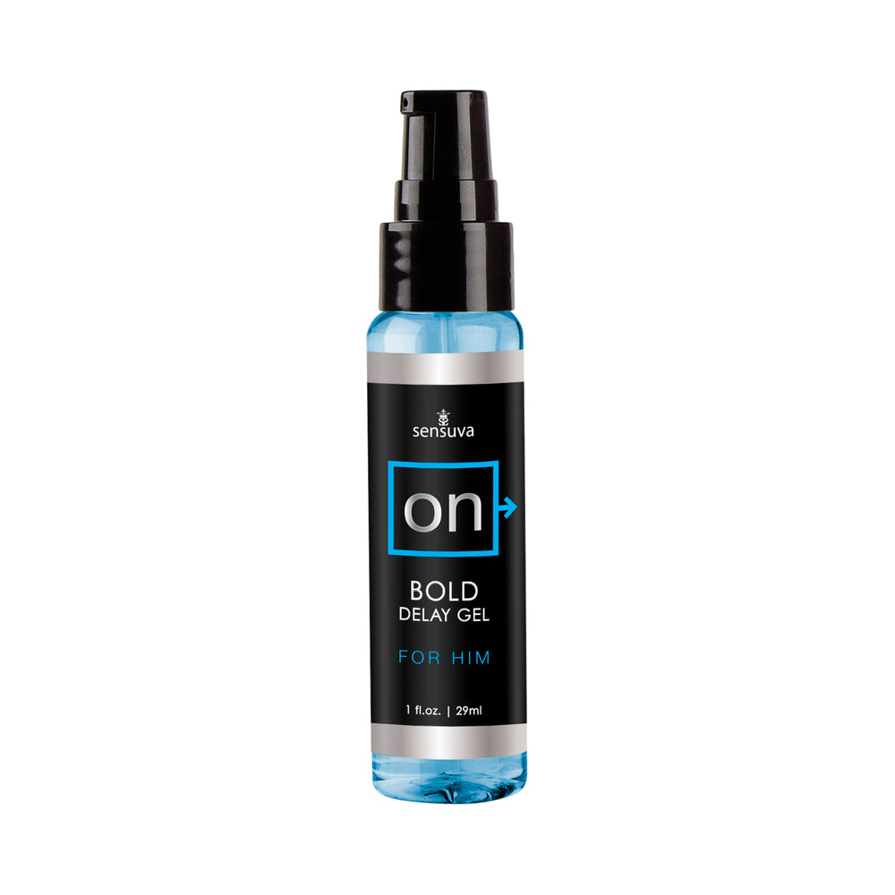 Sensuva ON Bold Delay Gel 1 oz. Sensuva ON Bold 1 oz Gel clear bottle with black pump and turquoise label