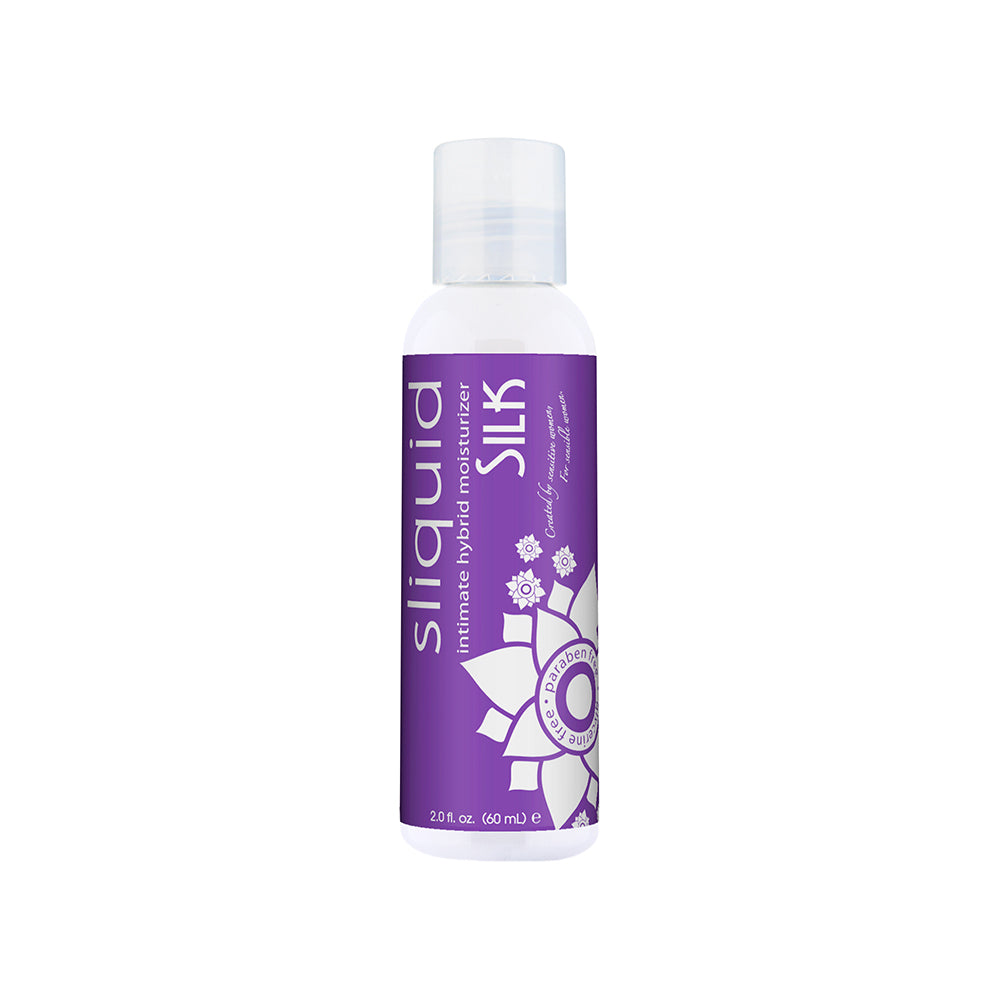 Sliquid Naturals Silk Hybrid Lubricant 2oz Sliquid Naturals Silk Hybrid Lubricant translucent 2 oz bottle with purple label and white cap