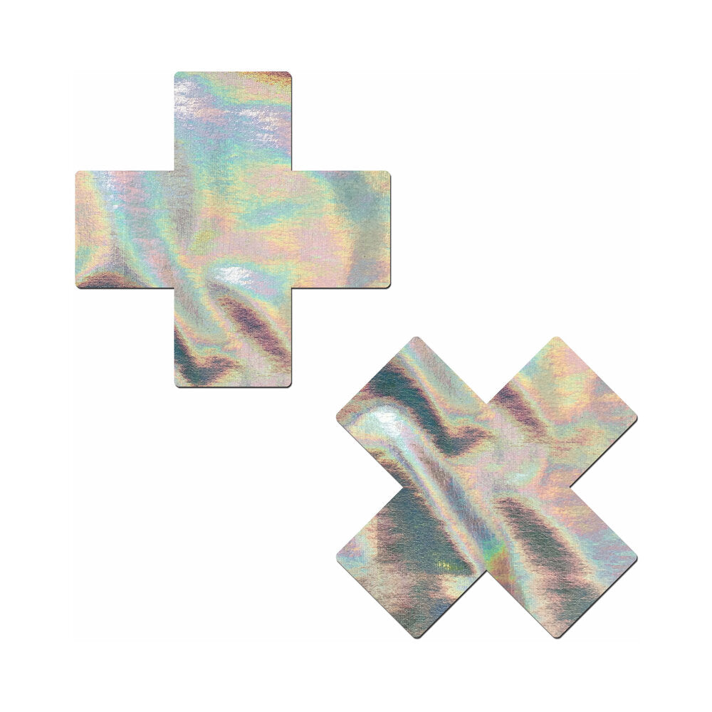 Pastease Holographic Crosses Pasties Silver silver holographic Pastease pasties with upright and diagonal cross shapes
