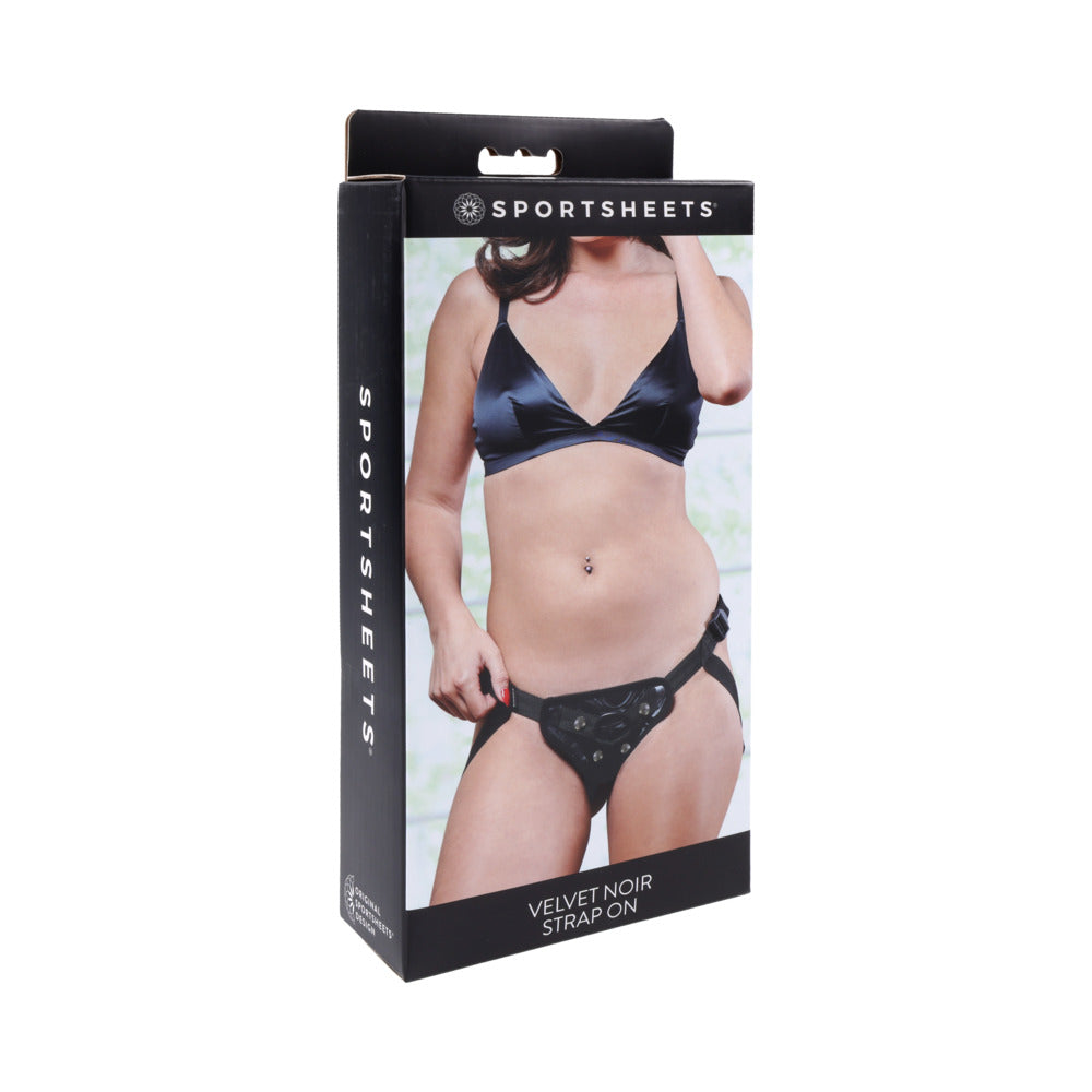 Sportsheets Velvet Noir Strap-On Sportsheets Velvet Noir black strap-on harness in display box