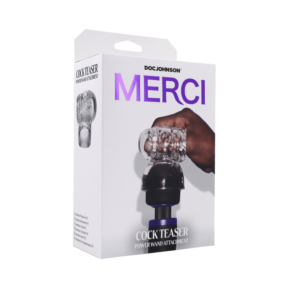 Merci Cock Teaser Wand Attachment clear closed-end Merci Cock Teaser attachment pictured on white retail box